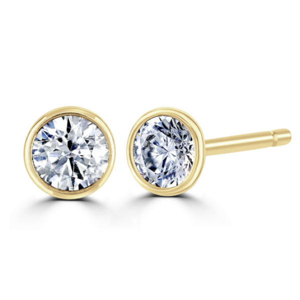 Round Diamond Yellow Gold Earrings, Bezel Set Stud | RBZ1001