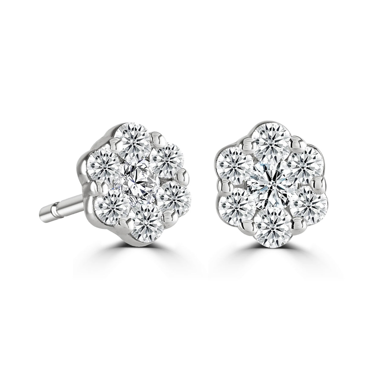 Round Diamond White Gold Halo Earrings, Flower Design | RE1002