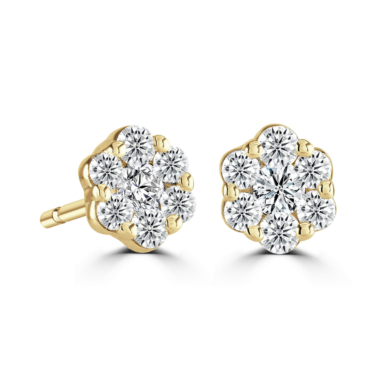 Round Diamond Yellow Gold Halo Earrings, Flower Design | RE1002
