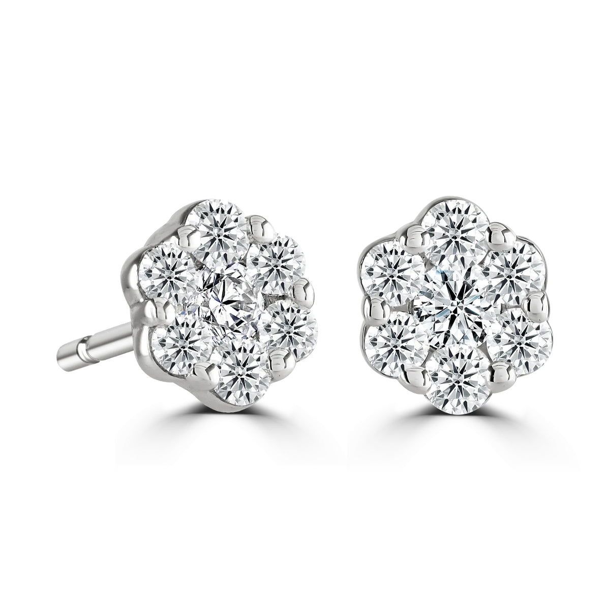 Round Diamond White Gold Halo Earrings, Flower Design | RE1002