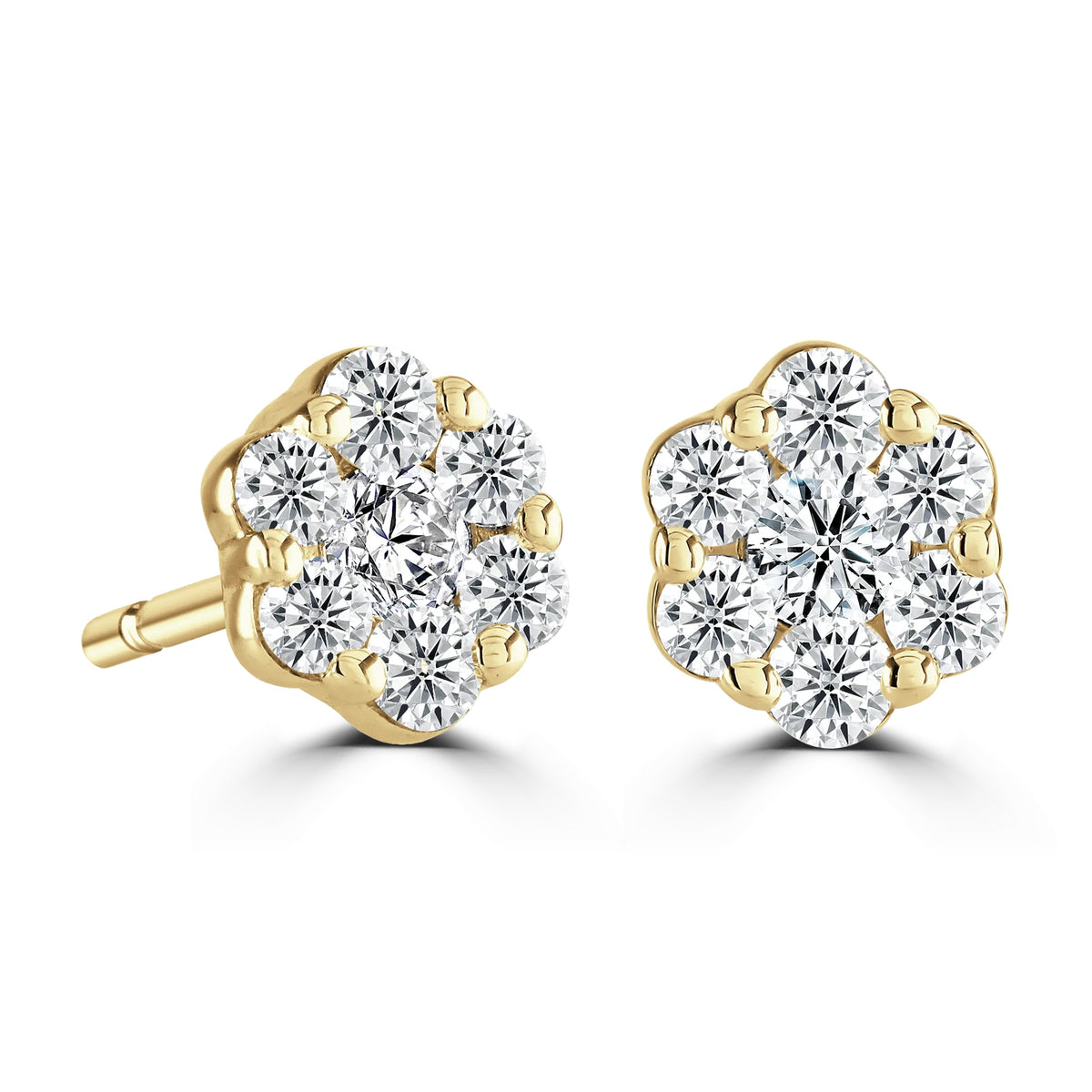 Round Diamond Yellow Gold Halo Earrings, Flower Design | RE1002