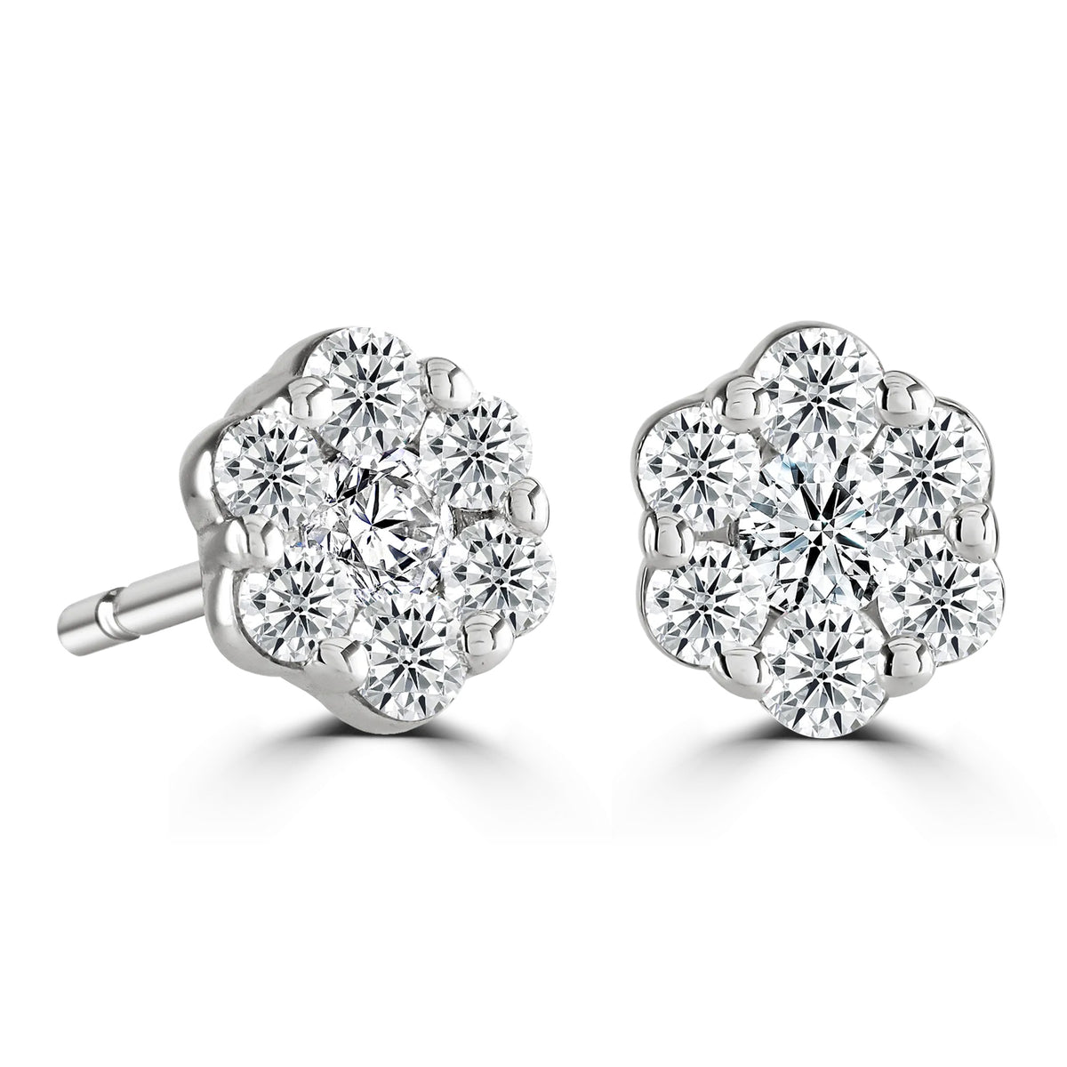 Round Diamond White Gold Halo Earrings, Flower Design | RE1002