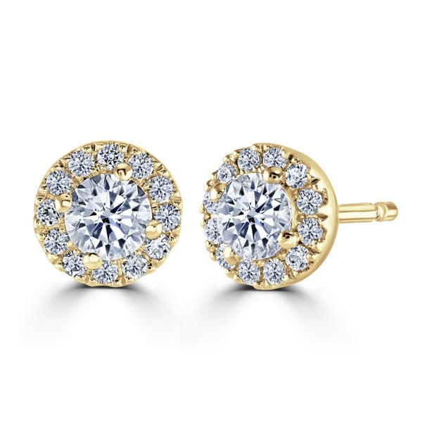 Round Diamond Yellow Gold Earrings, Micro Set Halo | RE1001