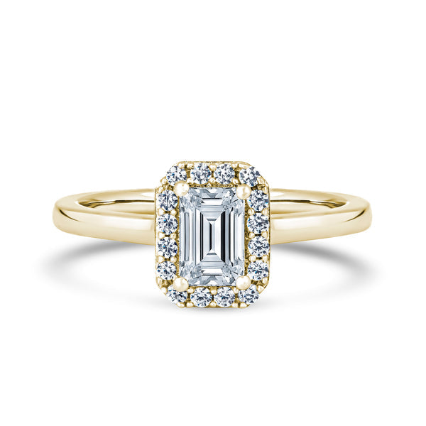 Emerald Cut Halo Yellow Gold Ring, Micro Round Set | EHP01 LGE