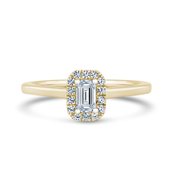Emerald Cut Halo Yellow Gold Ring, Micro Square Set | EHP02 SME