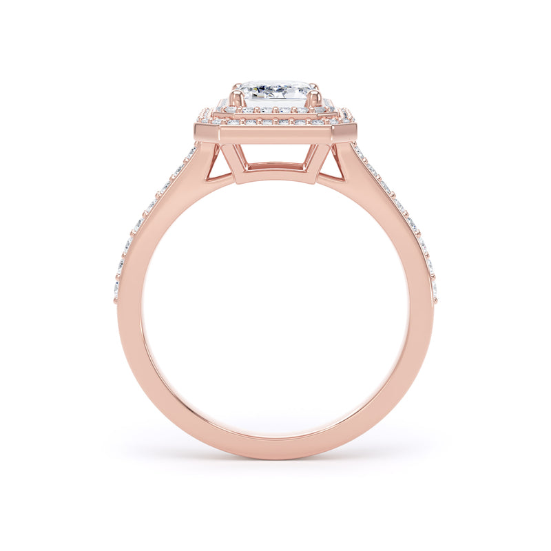 Double Halo Diamond Shoulder Ring | Rose Gold, Emerald Diamond | EHW01 LGE