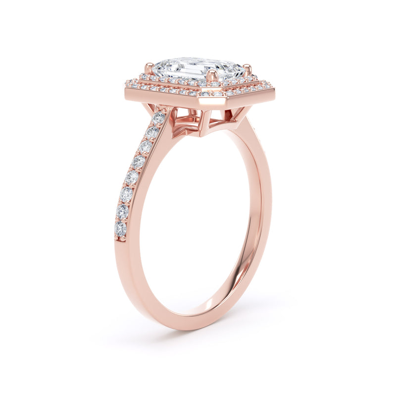 Double Halo Diamond Shoulder Ring | Rose Gold, Emerald Diamond | EHW01 LGE