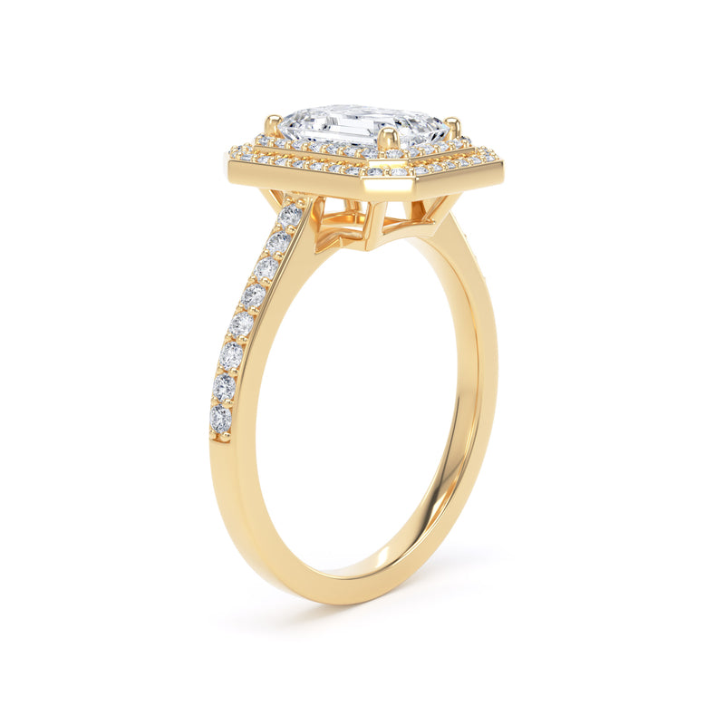 Double Halo Diamond Shoulder Ring  | Yellow Gold, Emerald Diamond | EHW01 SME