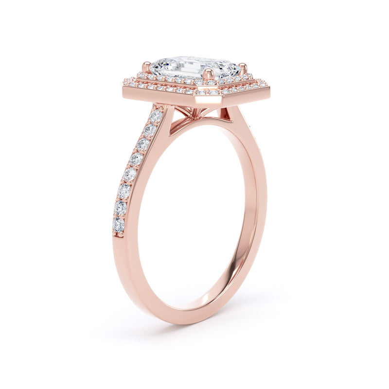 Double Halo Shoulder Set Ring | Rose Gold, Emerald Diamond | EHW02 LGE