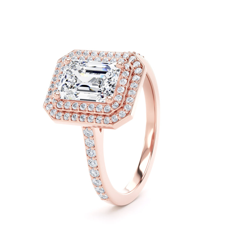 Double Halo Diamond Shoulder Ring | Rose Gold, Emerald Diamond | EHW02 SME