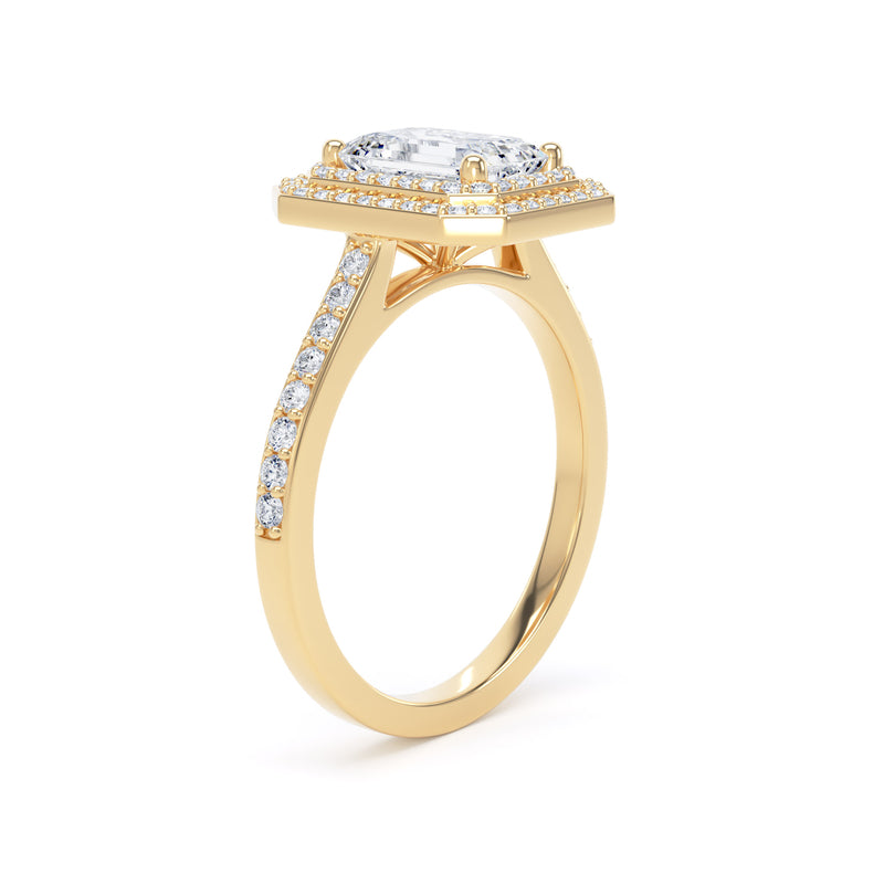 Double Halo Diamond Shoulder Ring | Yellow Gold, Emerald Diamond | EHW02 SME