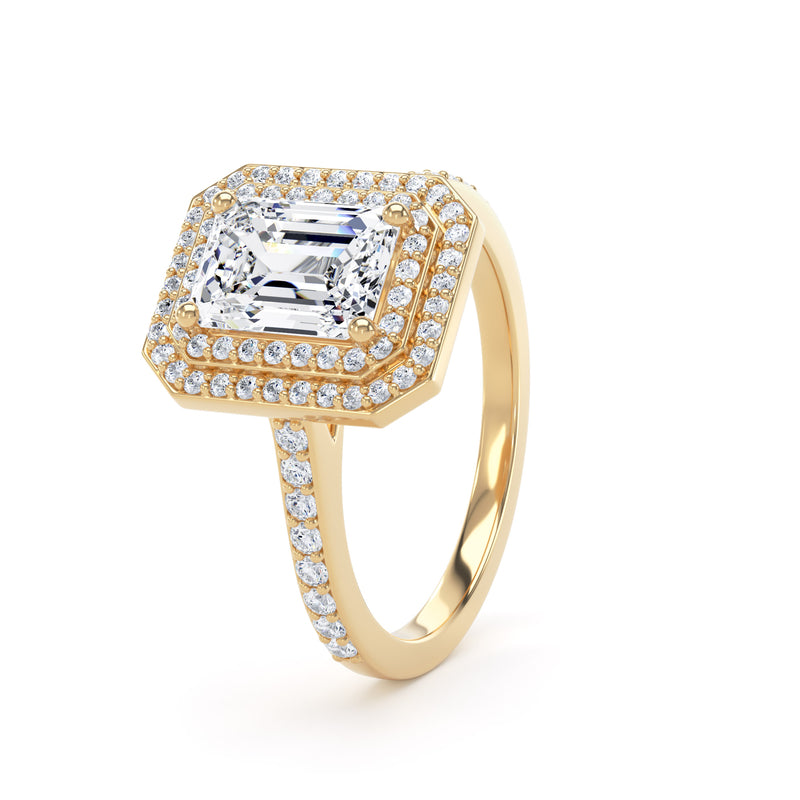 Double Halo Diamond Shoulder Ring | Yellow Gold, Emerald Diamond | EHW02 LGE