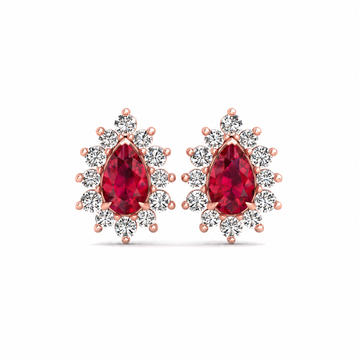 Pear Ruby & Round Diamond Rose Gold Earrings, Halo Stud | PE1001RU