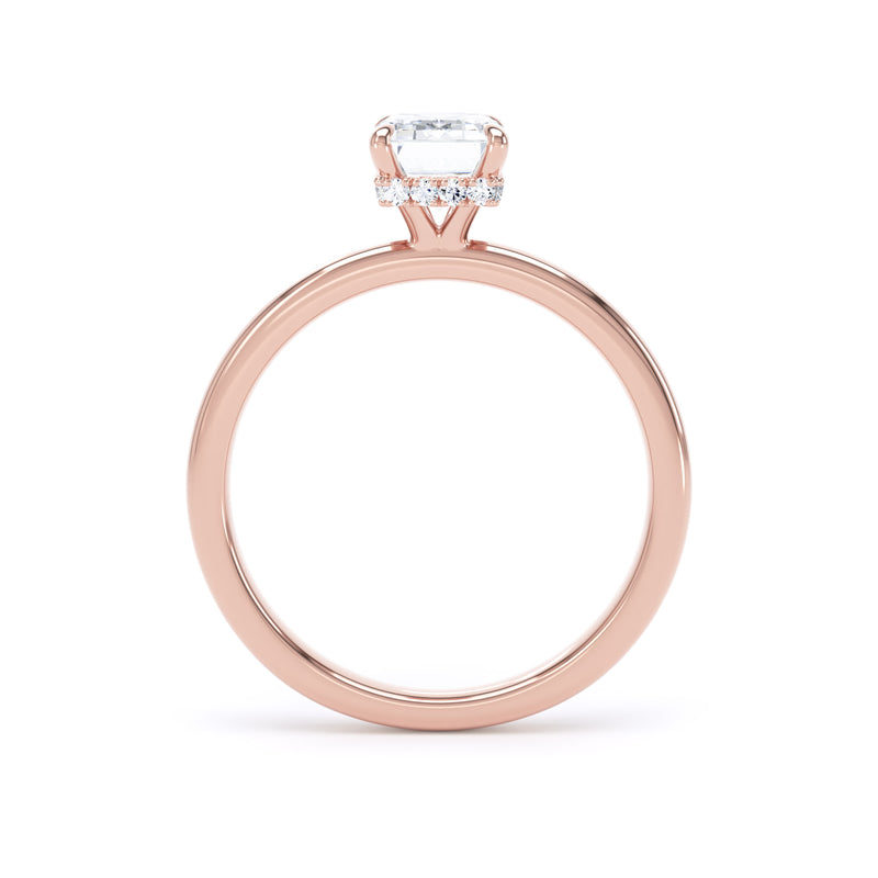 Emerald Diamond Rose Gold Ring, Plain Band Hidden Halo | SME EPS01