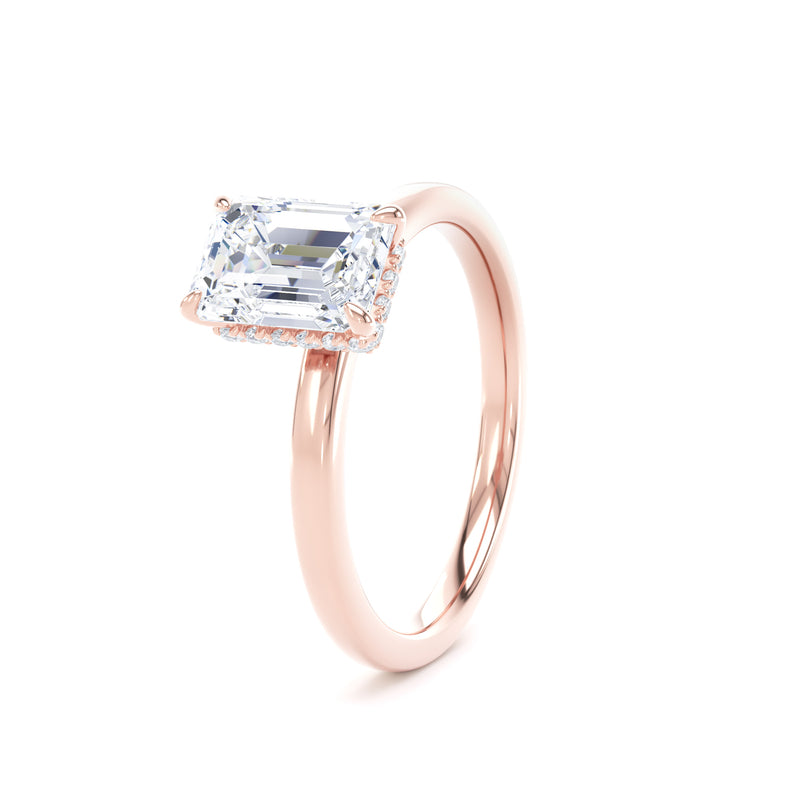 Emerald Diamond Rose Gold Ring, Plain Band Hidden Halo | SME EPS01
