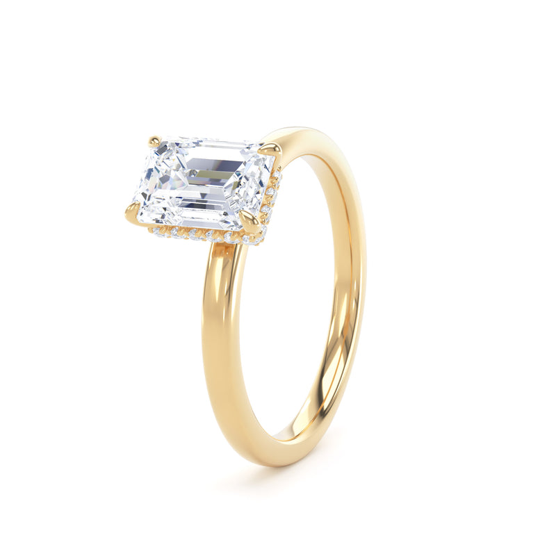 Emerald Diamond Yellow Gold Ring, Plain Band Hidden Halo | SME EPS01