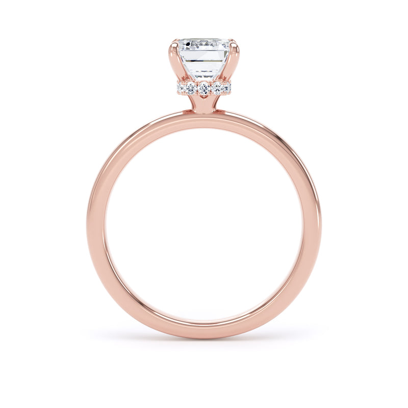 Emerald Diamond Rose Gold Ring, Plain Band Hidden Halo | SME EPS02