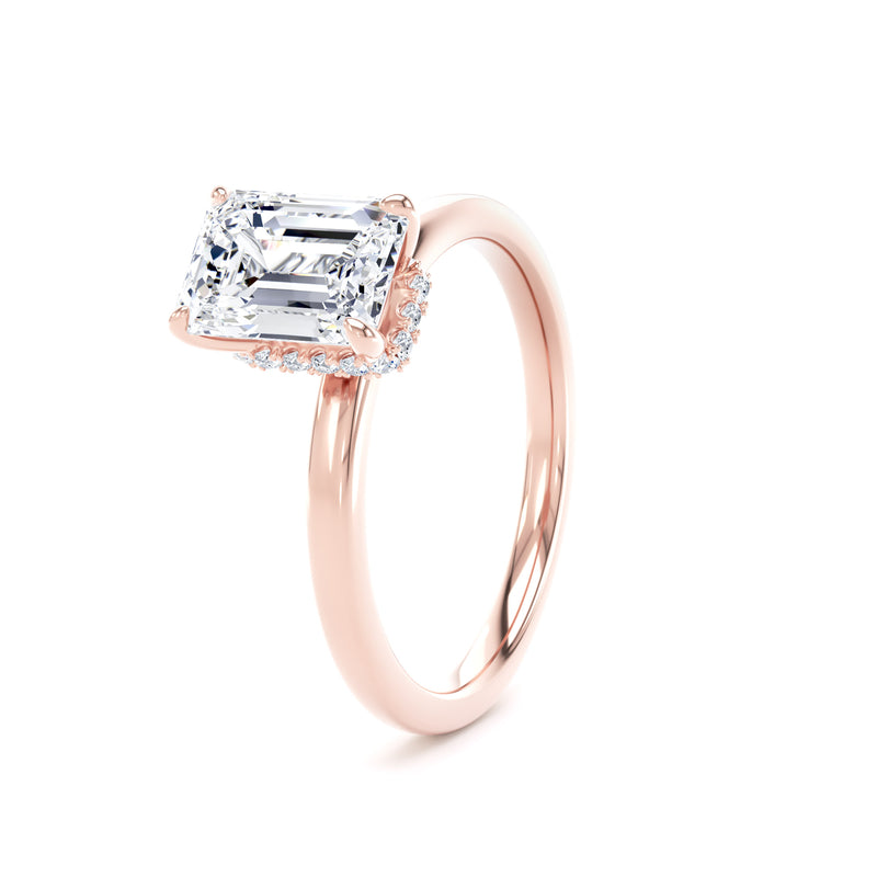 Emerald Diamond Rose Gold Ring, Plain Band Hidden Halo | SME EPS02