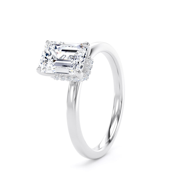 Emerald Diamond Platinum Ring, Plain Band Hidden Halo | SME EPS02