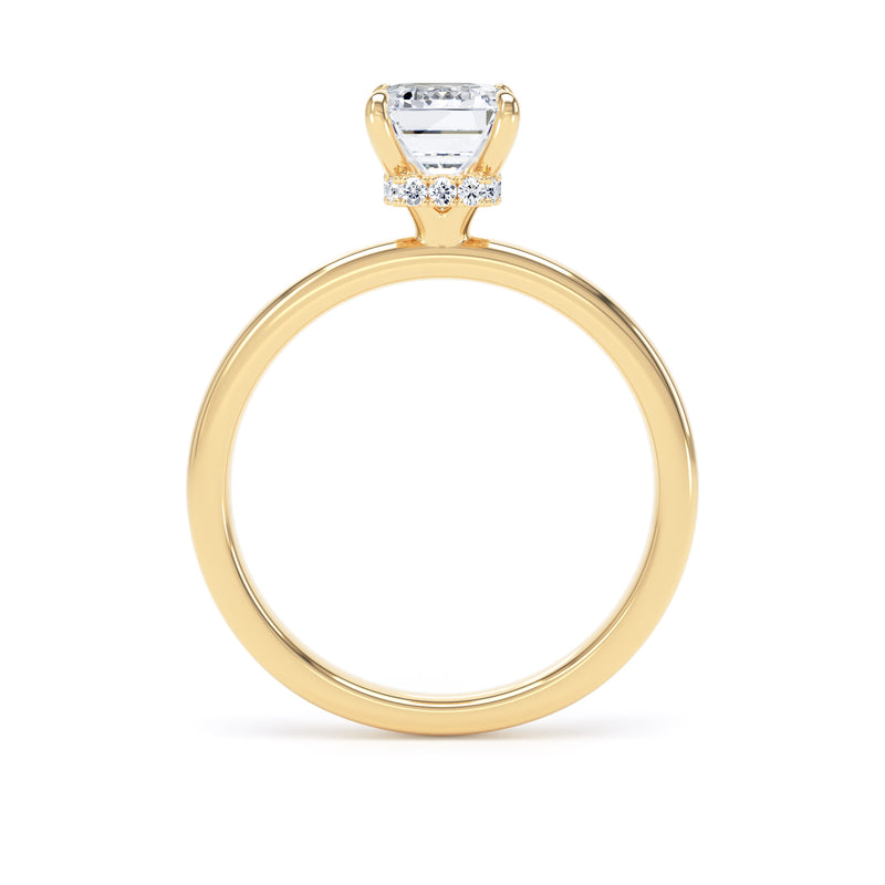 Emerald Diamond Yellow Gold Ring, Plain Band Hidden Halo | SME EPS02