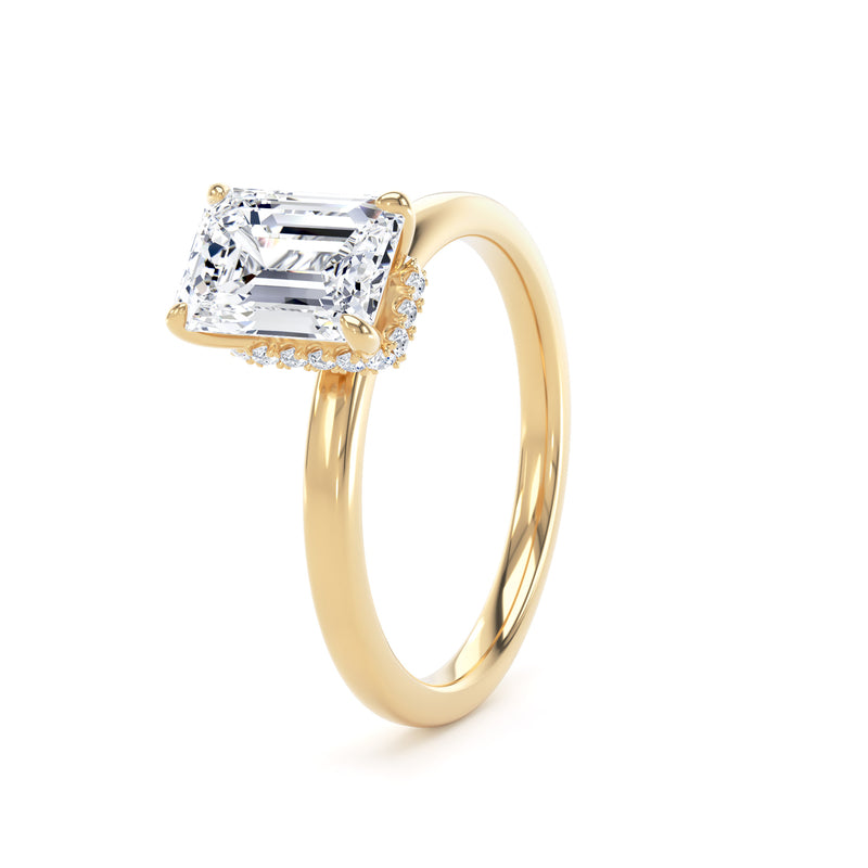 Emerald Diamond Yellow Gold Ring, Plain Band Hidden Halo | SME EPS02