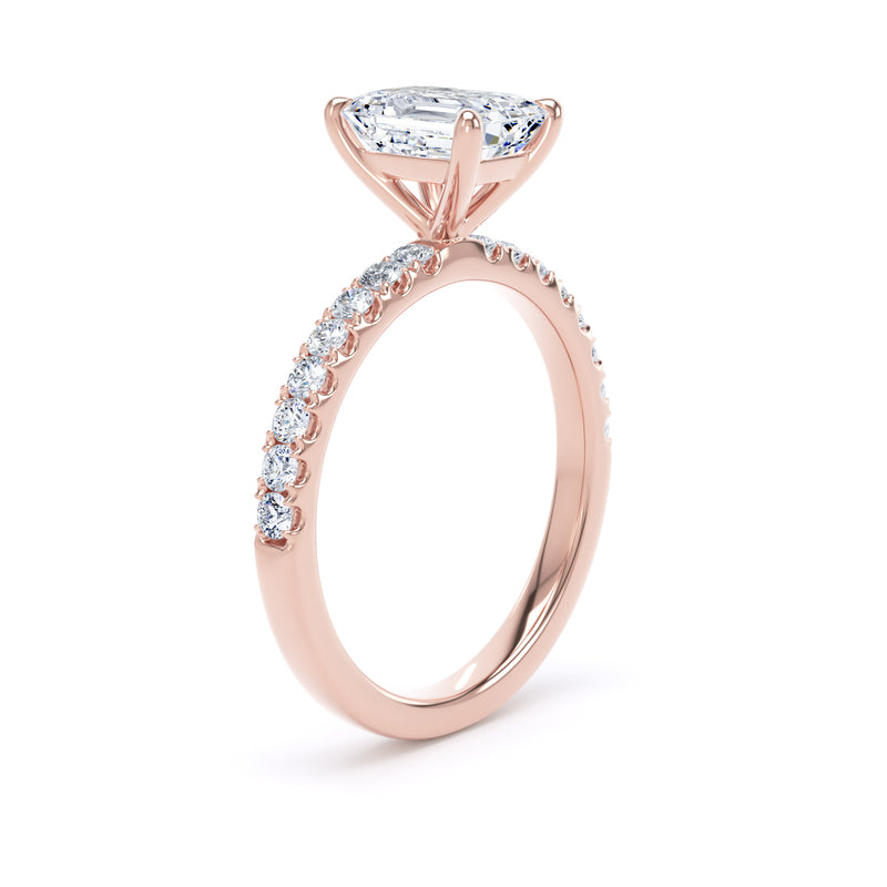 Emerald Diamond Rose Gold Ring, Shoulder Set Floating Head | LGE ESP01