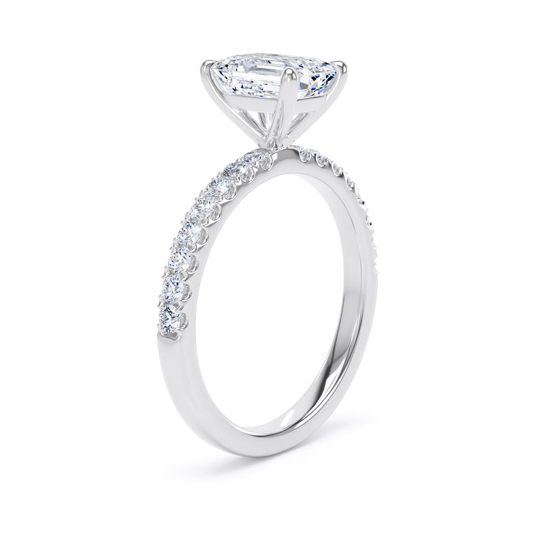 Emerald Diamond White Gold Ring, Shoulder Set Floating Head | LGE ESP01