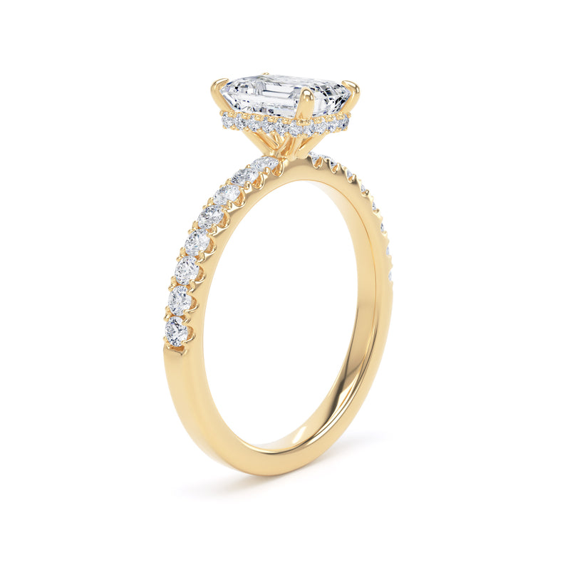 Emerald Diamond Yellow Gold Ring, Diamond Band Hidden Halo | LGE ESS01