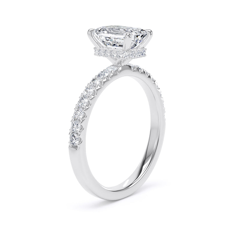 Emerald Diamond White Gold Ring, Diamond Band Hidden Halo | SME ESS02