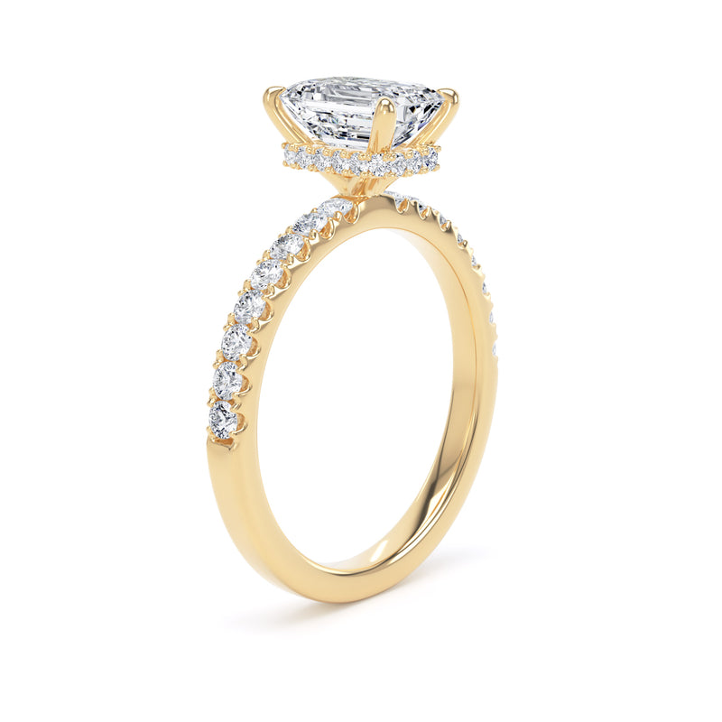 Emerald Diamond Yellow Gold Ring, Diamond Band Hidden Halo | SME ESS02