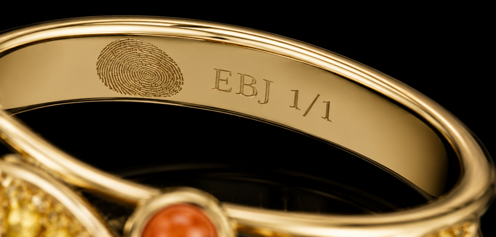 Gold ring with fingerprint engraving and 'EBJ 1/1' marking on a black background