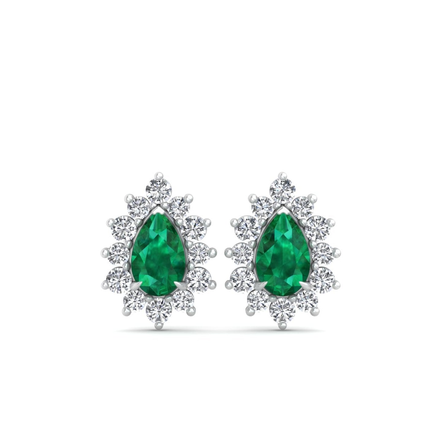 A pair of silver-toned stud earrings featuring a pear-cut green emerald center stone surrounded by a halo of small clear stones, shown on a plain white background.