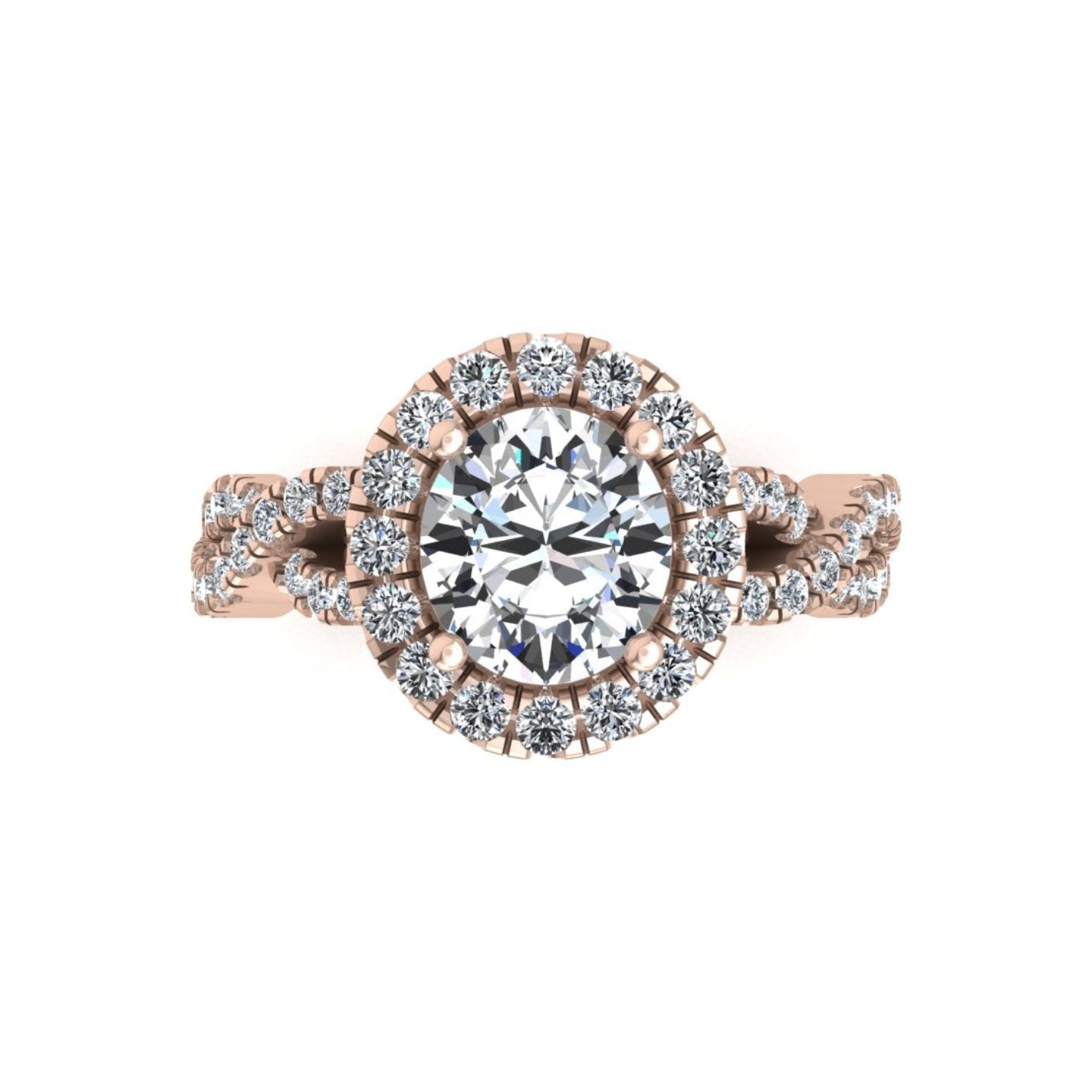 Rose gold ring with a large diamond and smaller diamonds on a white background