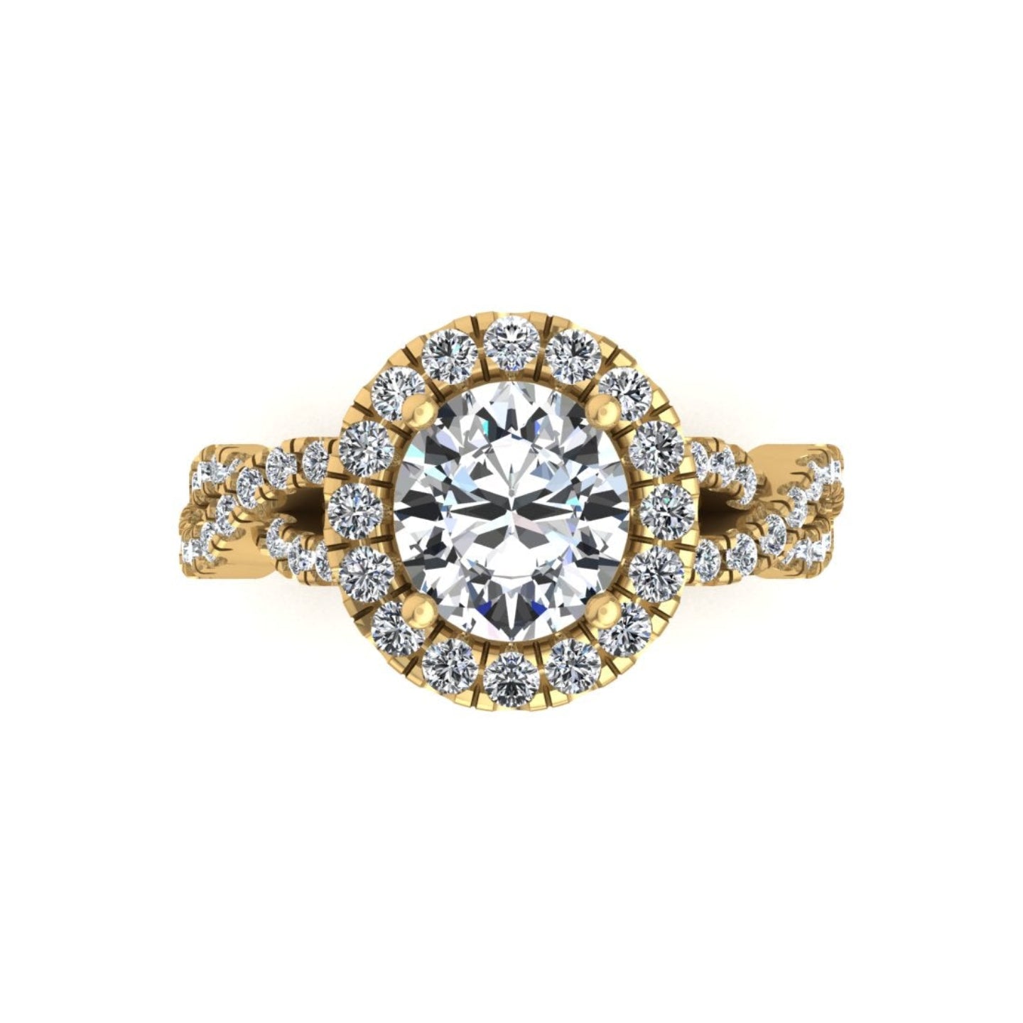 Gold ring with a large diamond and smaller diamonds on a white background