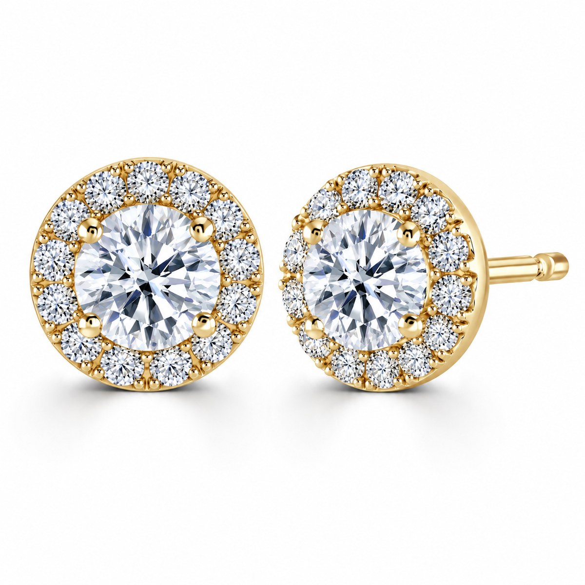 Round Diamond Yellow Gold Earrings, Micro Set Halo | RE1001