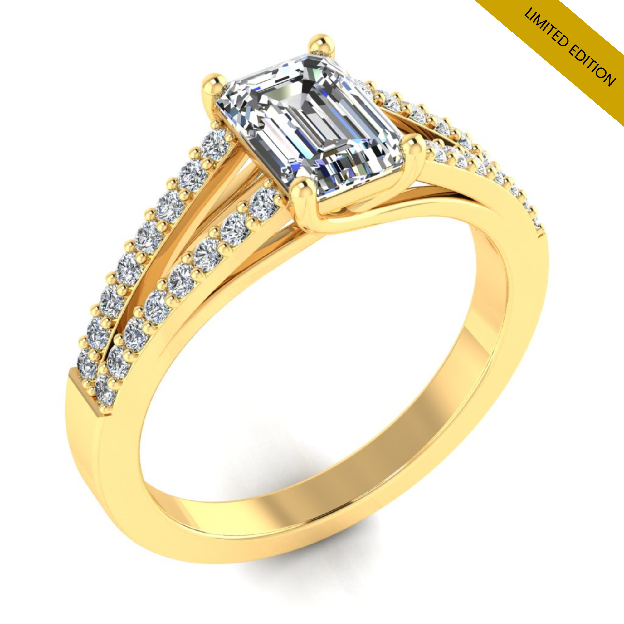 Emerald Diamond & yellow gold split shoulder engagement ring | LGA