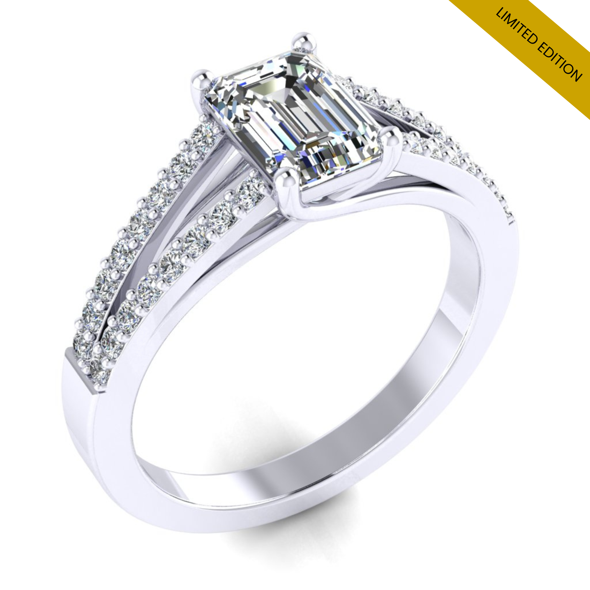 Emerald Diamond & Platinum split shoulder engagement ring | LGA