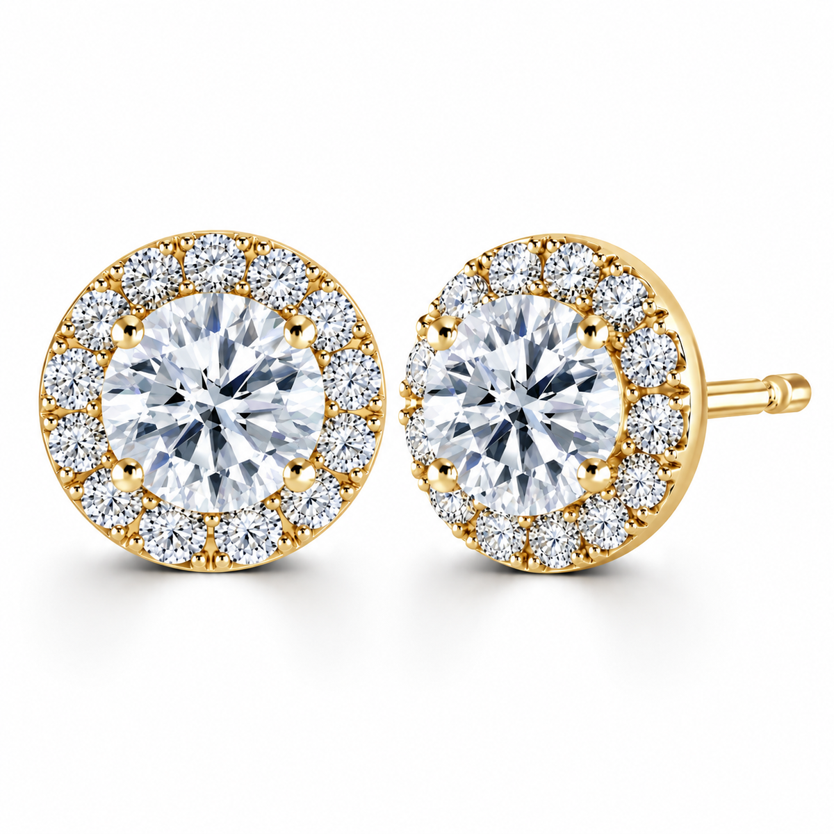 Round Diamond Yellow Gold Earrings, Micro Set Halo | RE1001