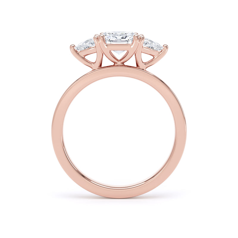 Cushion Diamond Rose Gold Trilogy Ring, Trillion Claw Set | LGC M3C01
