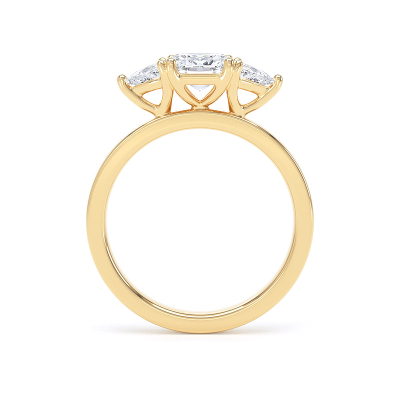 Cushion Diamond Yellow Gold Trilogy Ring, Trillion Claw Set | LGC M3C01