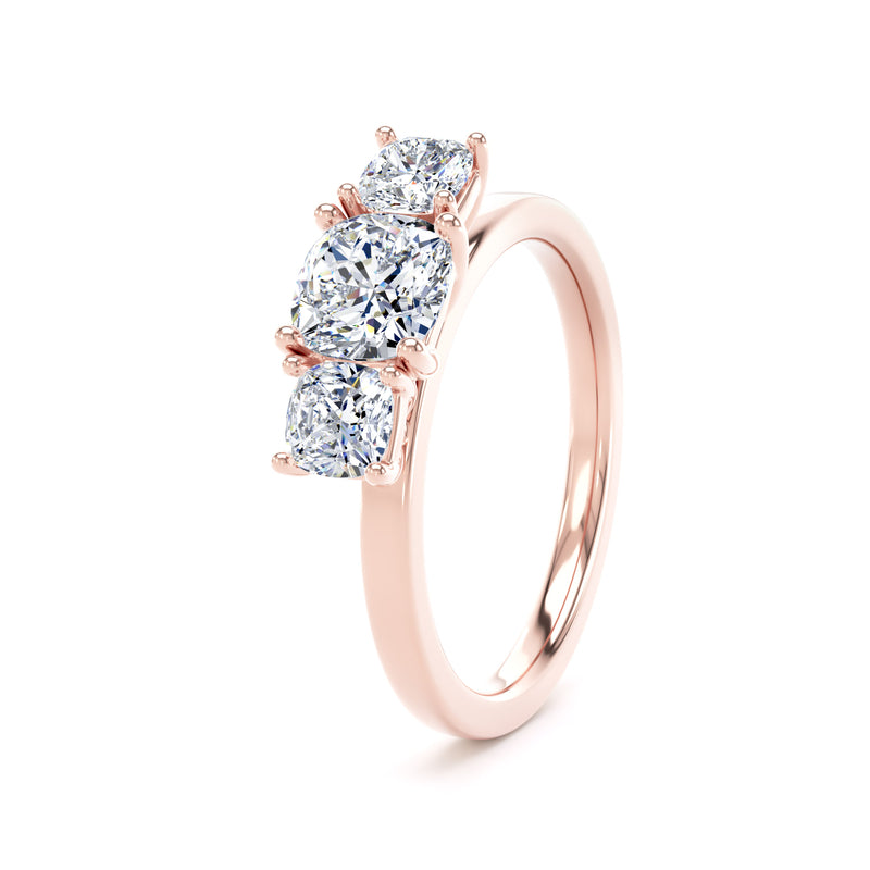 Cushion Diamond Rose Gold Trilogy Ring, Claw Set | LGC M3C02