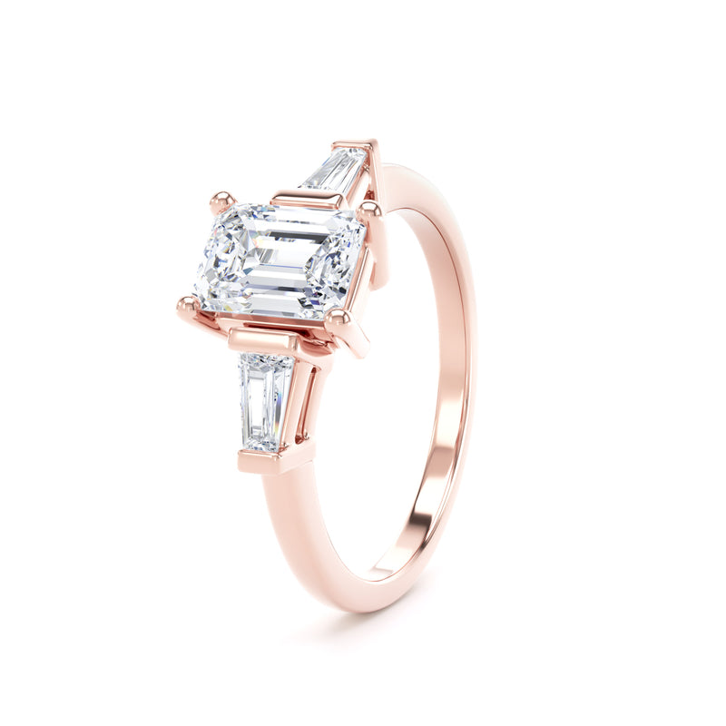 Emerald & Tapered Baguette Rose Gold Trilogy Ring | M3E01 LGE