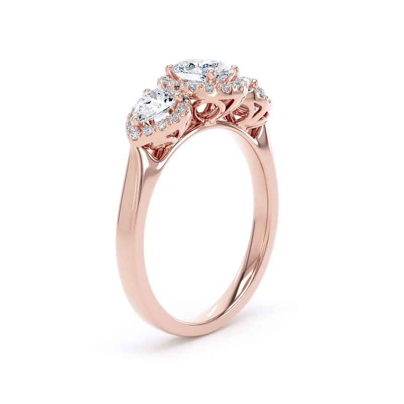 Oval & Pear Diamond Rose Gold Ring, Claw Set Halo Trilogy | SMO M3OH01