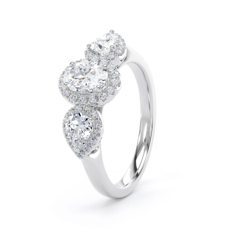 Oval & Pear Diamond White Gold Ring, Claw Set Halo Trilogy | SMO M3OH01