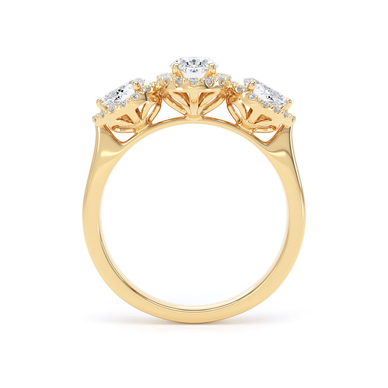 Oval & Pear Diamond Yellow Gold Ring, Claw Set Halo Trilogy | LGO M3OH01