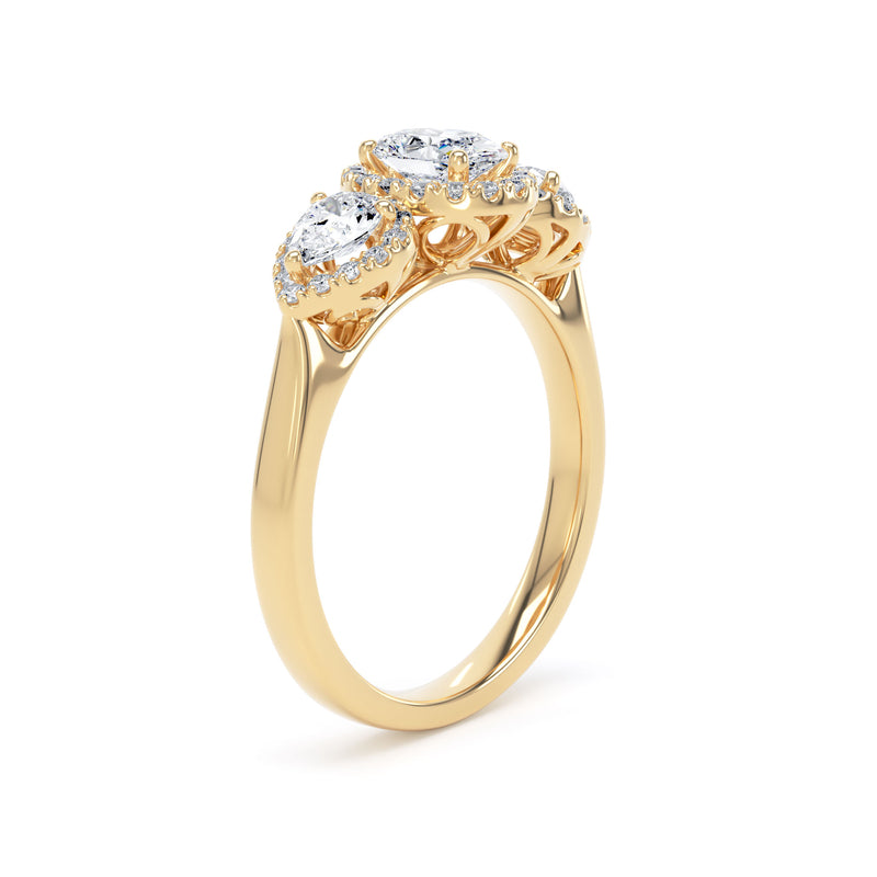 Oval & Pear Diamond Yellow Gold Ring, Claw Set Halo Trilogy | LGO M3OH01