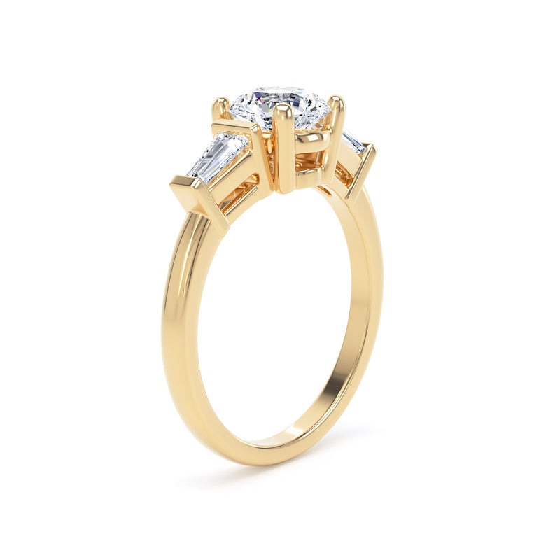 Round & Tapered Baguette Yellow Gold Trilogy Ring | M3R04 LGR