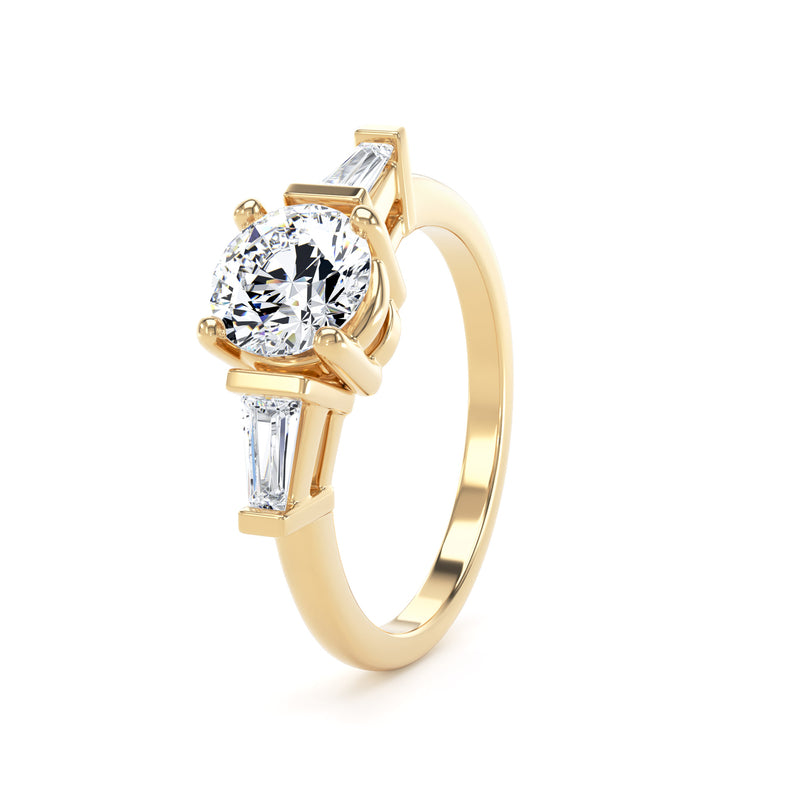Round & Tapered Baguette Yellow Gold Trilogy Ring | M3R04 LGR
