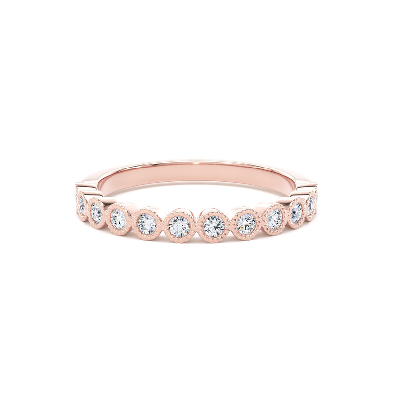 Round Diamond Rose Gold Ring, Millgrain Bezel Half Eternity | ET1219