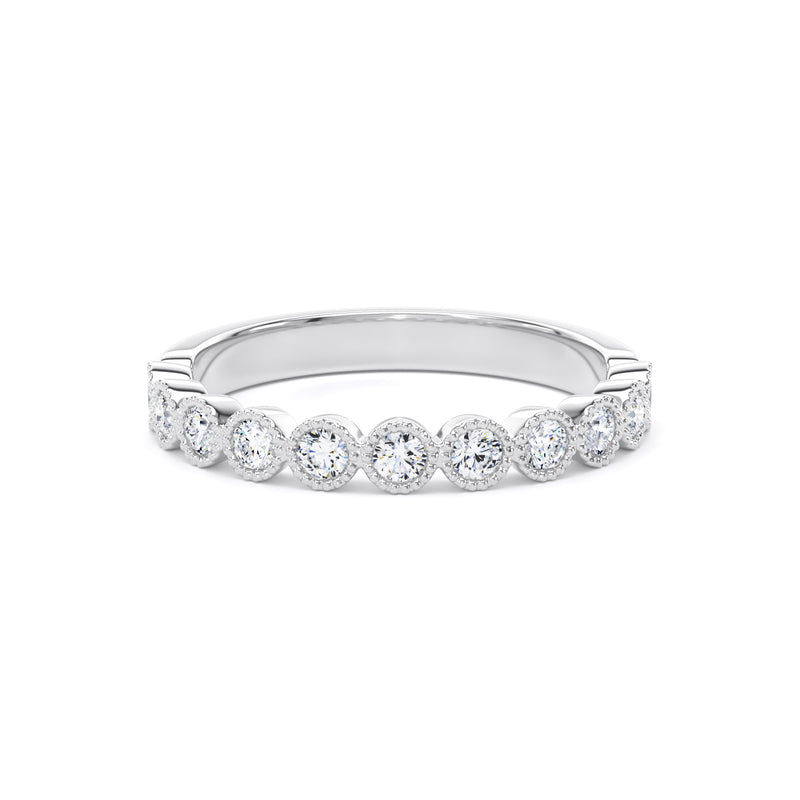 Round Diamond White Gold Ring, Millgrain Bezel Half Eternity | ET1219
